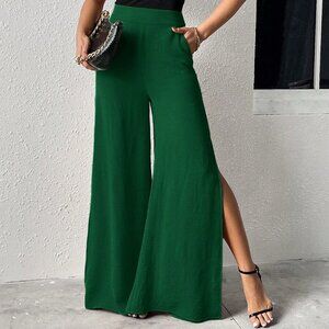 Dark Green Elegant Women's Slanted Pocket Split Hem Pants